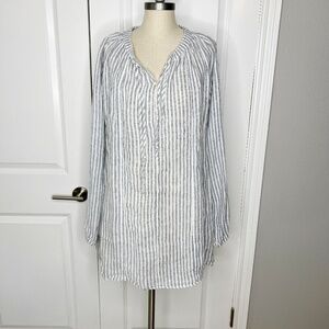 CP Shades Striped Linen Tunic Top Shirt Blue and White Stripes  neck tie